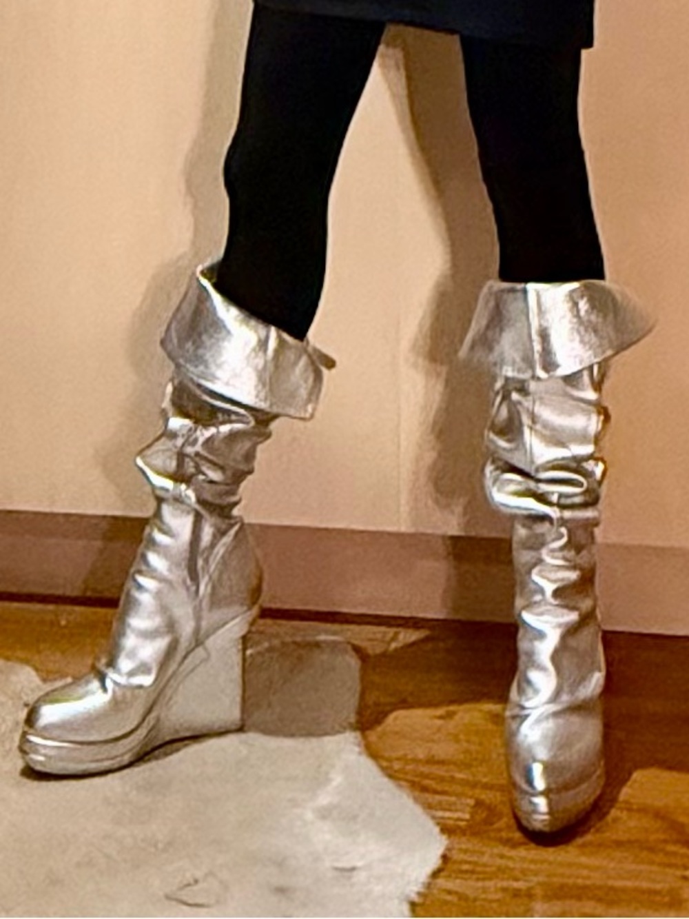 Nicholas K Silver Metallic Slouch Wedge Boots